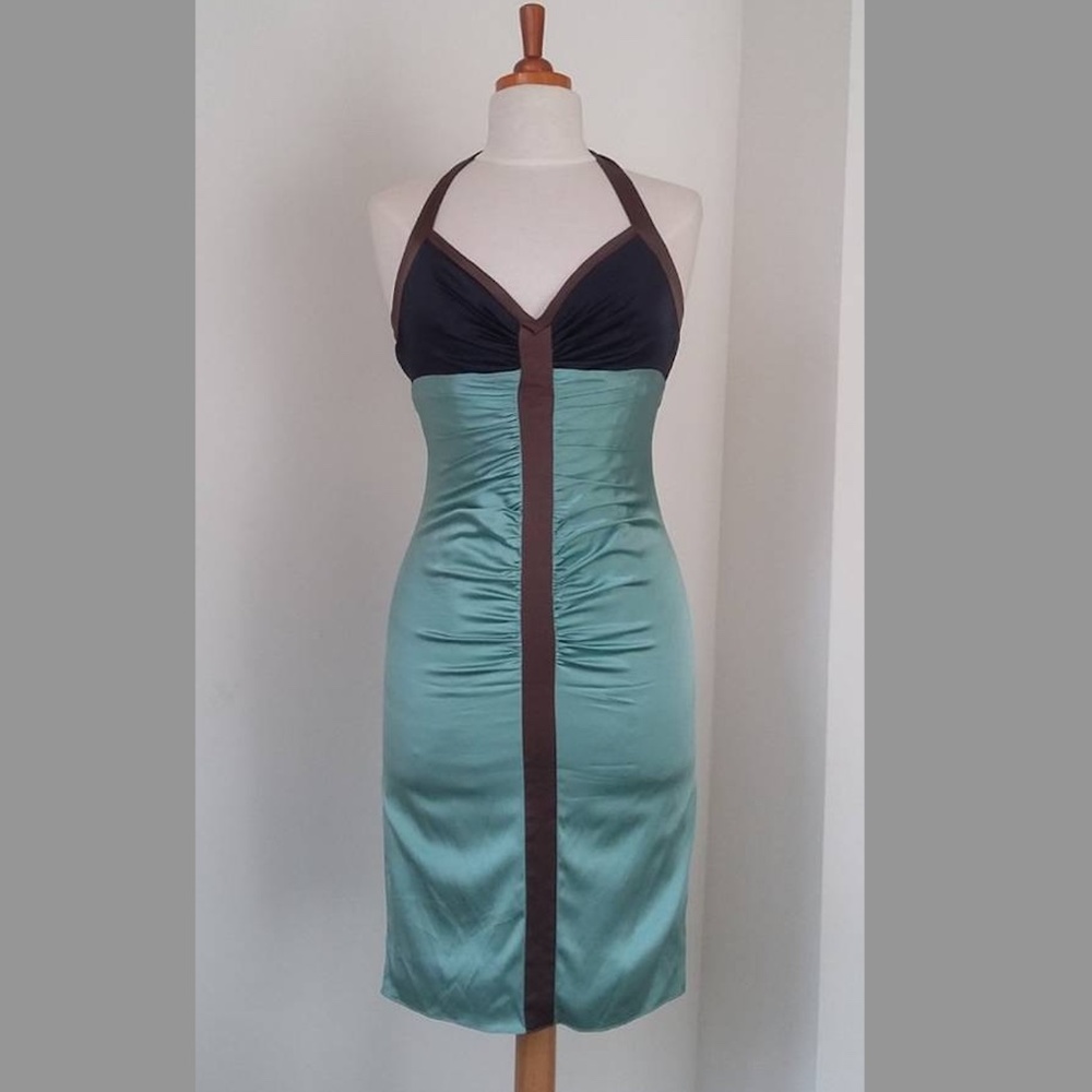 BCBG MAXAZRIA BLUE BROWN SILK HALTER COCKTAIL DRESS